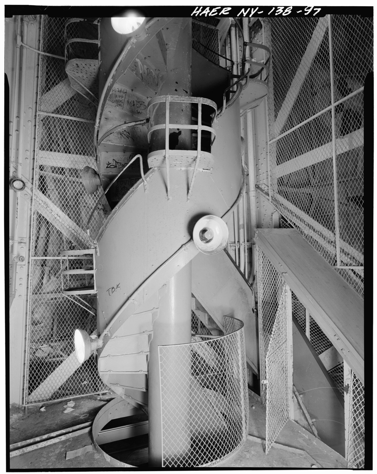 Historic interior view of the Statue of Liberty double helical stair and metal structure